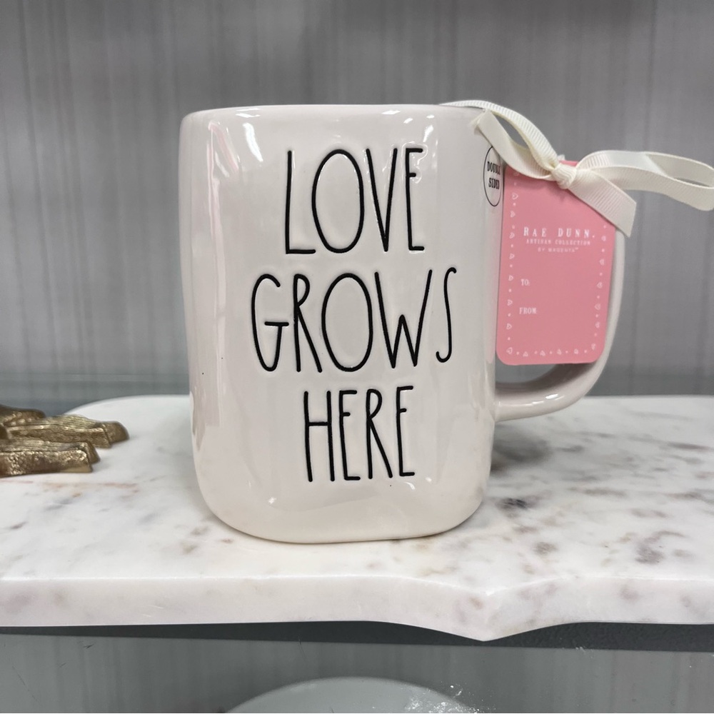 Rae Dunn Artisan Collection Mug with Black Text “Love Grows Here”